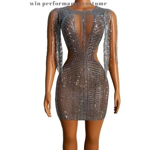 Style Women O-neck Sleeveless With Tassels Glitter Diamonds Wrap Hip Mini High Street Wear Dress Sparkly Fringes