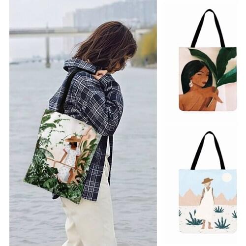 Tropical Girl Illustration Art Print Tote Bag For Women Casual Tote Ladies Shoulder Bag Foldable Shopping Bags Outdoor Beach Bag