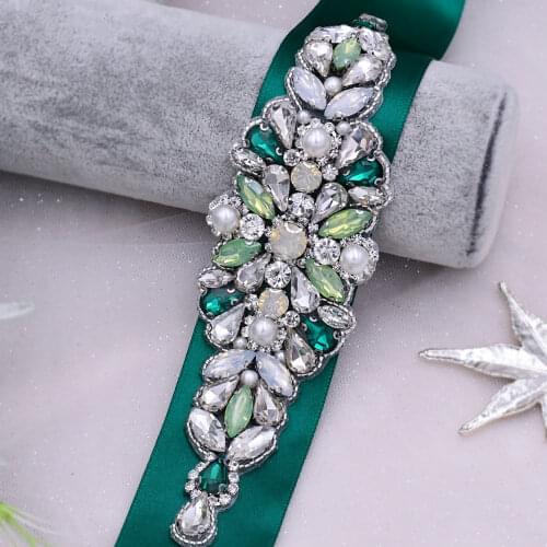 TRiXY S443 Luxury Rhinestone Sash Wedding Belt Jewelry Belt Diamond Belts for Wedding Green Stone Gorgeous Wide Belts for Women
