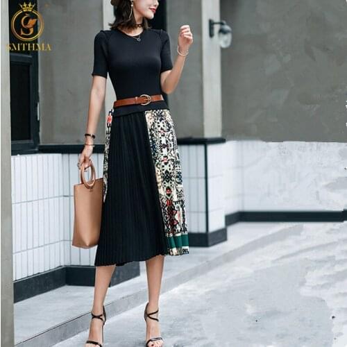 Knitting Patchwork Print Summer Dress For Women O-Neck Half Sleeve Vintage Pleated Dresses Female 2021 New Clothes With Belt