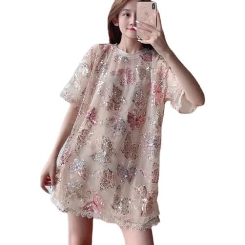 Ins Hot Women Long Sequined party T-shirts Lady Bling Bling Shiny Tees Femme Embroidery T-shirts Women club Sequins Tops