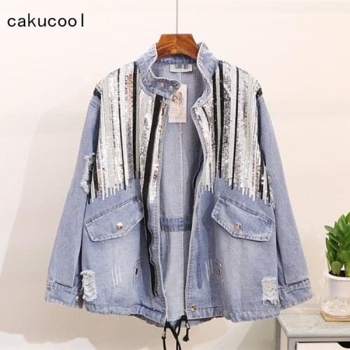 Cakucool Boho Denim jacket Female Sequins Shinny Lace up Jeans Coat Bomber Jacket Long Sleeves Hippie Jean Colete Feminino Large