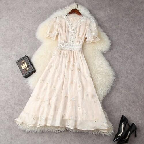 European and American womens wear for summer 2021 Short-sleeved flared sleeve stand collar Fashionable lace embroidered dress