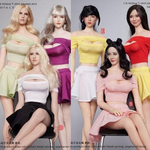 1/6 Female Hollow T-shirt Pleated Skirt Set Soldier Clothes Model Fit 12'' Action Figure Body