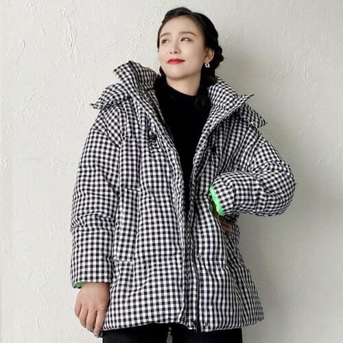 QingWen New Winter Coat Women Hooded Black White Plaid Jacket Korean Fashion White Duck Down Parkas Thick Warm Loose Outwear