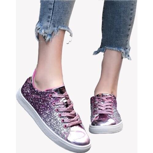 Spring New Casual Ladies Vulcanized Shoes Female Comfort Lace Up Fashion Shoes Women Glitter Sneakers Bling Flats Woman NVX279
