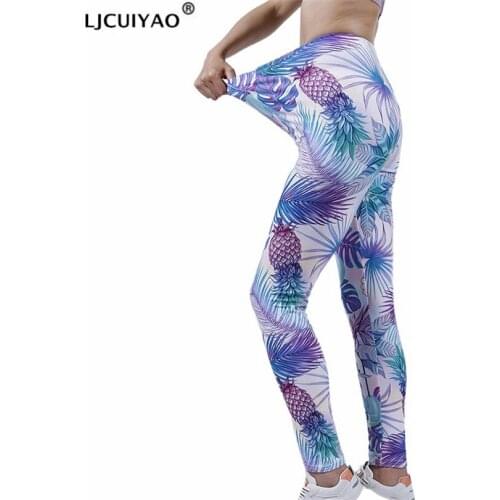 LJCUIYAO Fitness Women Leggings Fashion Patchwork Pineapple Leaf Print High Waist Elastic Push Up Ankle Length Polyester Clothes
