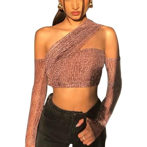 Women Summer Crop Tops Leopard Print Hollow One-Shoulder Strapless Vest with Removable Sleeves for Girls