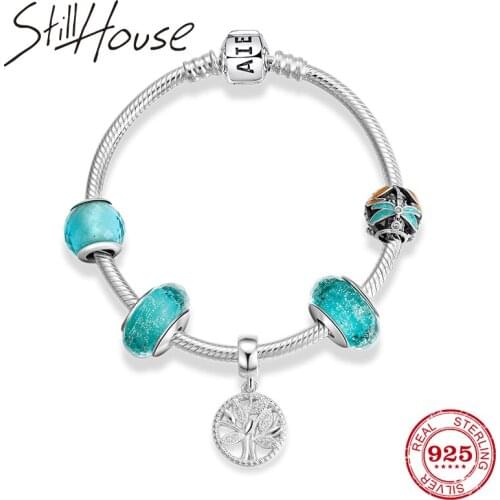 Real 925 Sterling Silver Elegant Charm Bracelet withTree of Life Pendant Colorful enamel beads t Bangles for Women Jewelry Gift