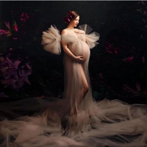 Fluffy Khaki A-line Prom Gowns Tulle Ruffles Long Tiered Puffy Women Robe Dress Baby Shower Photography Fashion