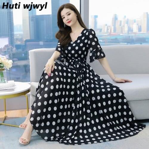 Summer Bodycon Dot Print Chiffon Beach Maxi Dress 2021 Women Vintage Red 4XL Plus Size Sweet Midi Sundress Elegant Party Vestido