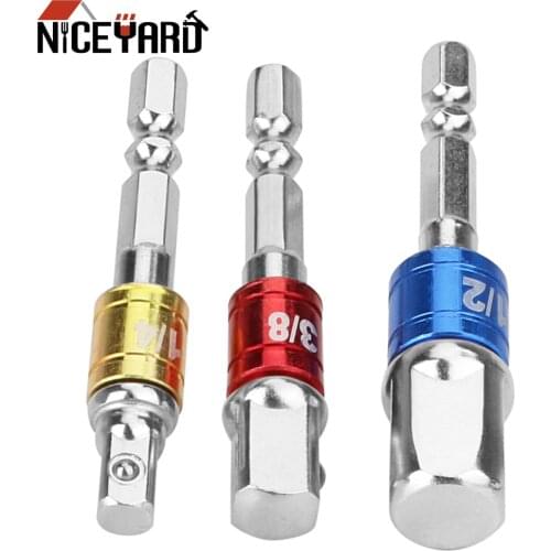 NICEYARD 3Pcs/set 1/4" 3/8" 1/2" Steel Converter Hex Shank Set Extension Power Tools Drill Bits Bar Socket Adapter Hex Bit Set