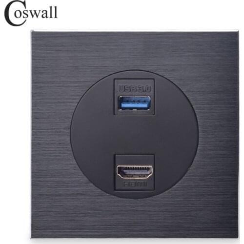 Coswall Black / Silver Grey Aluminum Metal Panel Wall Outlet HDMI-compatible 2.0 & USB 3.0 Connector Female to Female Inline