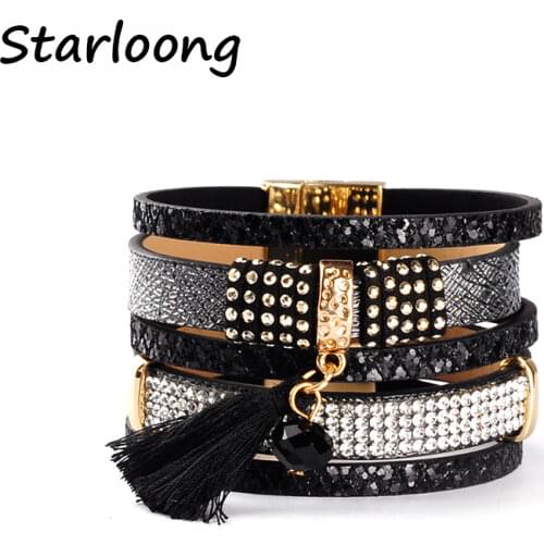 New fashion multi-layer PU leather bracelet rhinestone crystal beads Sequins magnetic clasp women men wrap bijoux Bracelet