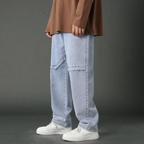 Washed Jeans Men Stitching Loose Casual All-match Straight Wide-leg Pants Student Streetwear Hiphop Denim Trousers Four Seasons