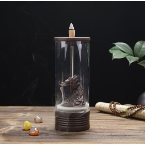 Backflow Incense Burner With Acrylic Protective Cover Ceramic Dragon Incense Holder For Home Decor Censer + 10Pcs Incense Cones