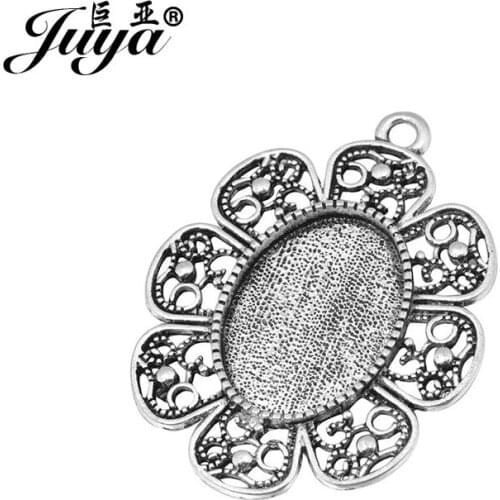 JUYA 10pcs/lot 18x25mm Flower Lace Pendant Blank Settings Cabochons Bases Bezel Trays Fit Glass Cabochon Cameo DIY Necklace