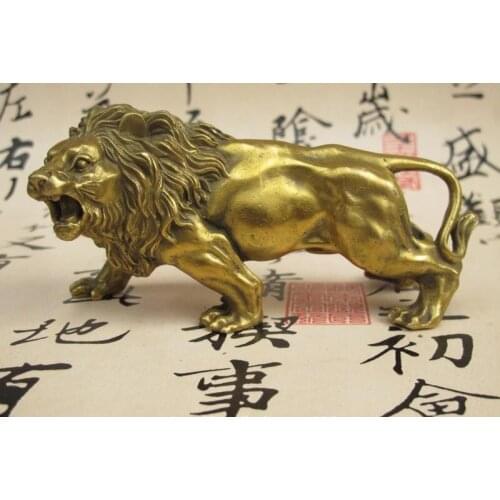 Chinese folk Brass copper Carved roaring ferocity Foo Dog Lion Beast Statue