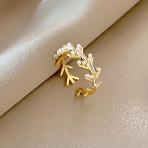 Minar Minimalist Spark CZ Stone Branches Rings for Women Brass Gold Faux Pearls Leaves Adjusting Open Rings Statement Jewelry