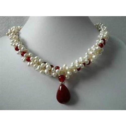 Beautiful red gem white pearl Necklace Bridal Wedding word -jewelry