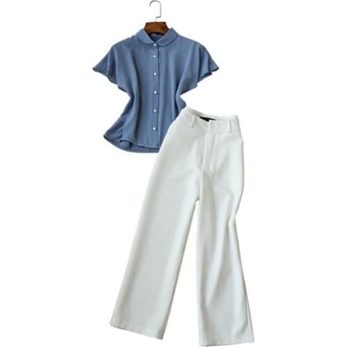 Fashion pants suit female summer New high quality Casual chiffon shirt top + White eight-leg wide-leg pants Two-piece set women