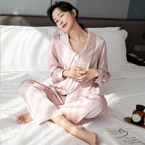 2021 New Satin Pajama For Women Casual Long Sleeve Nightwear 2 Pieces Home Clothes 100% Silky Sleepwear Fit Spring And Autumn