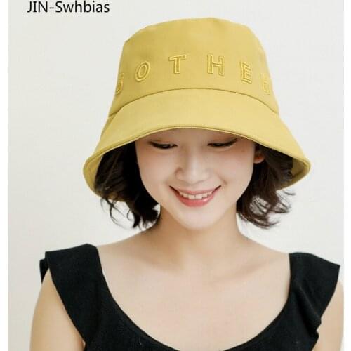 Bucket Hats Women Summer 2020 Embroidery Letter Canvas Cotton Beach Hat Outdoor Casual Sunscreen UV Fisherman Hiking Denim Hats