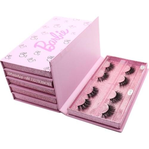 Popular Pink Four-pair Lash Book Wholesale Natural 3D Mink Eyelashes Custom Eyelash Packaging Box With Logo Free Lash Tray