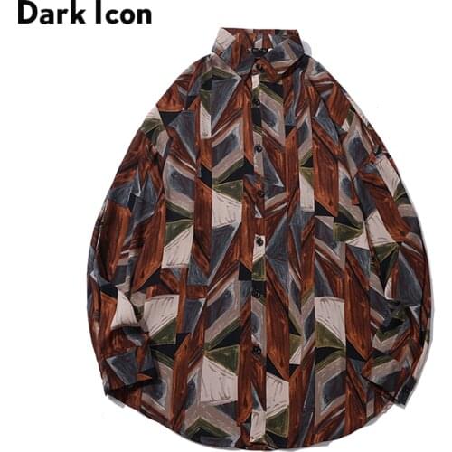 Dark Icon Geometric Long Sleeved Shirts Men Turn-down Collar Mens Blouse Oversized Shirts for Man