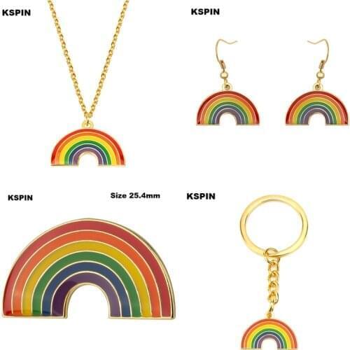 Rainbow LGBT Earrings Gay Pride Necklace Rainbow Key Ring Badge Set Earrings Jewelry For Women Men Lovers Gift