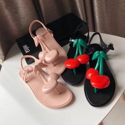 Womens Peep Toe Cherry Decor Sandals T-strap Slingback Shoes Flats Jelly Summer Beach Boho Perfume 3Colors