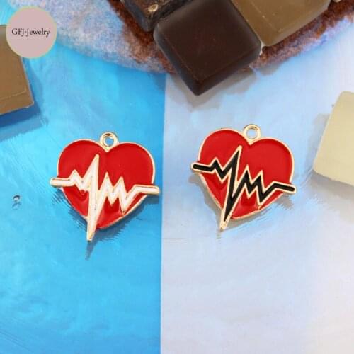 Cute 10pcs Enamel Electrocardiogram Heart Shape Charms for Jewelry Making DIY Pendant Earrings Keychain Accessories Charms