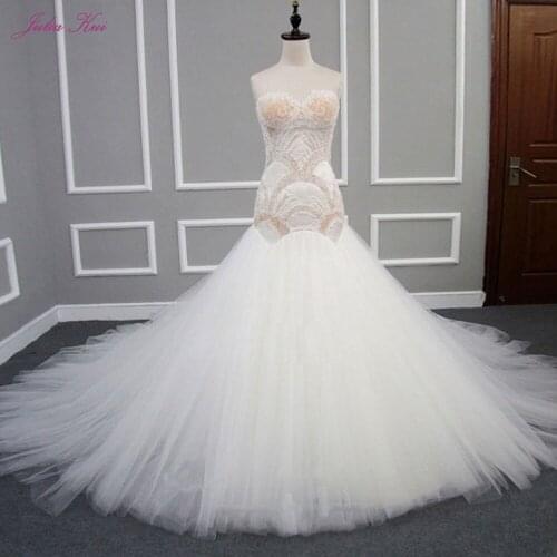 Julia Kui Strapless Elegant Mermaid Wedding Dresses Symmetrical Pattern Mermaid Vestido De Noiva Custom Made