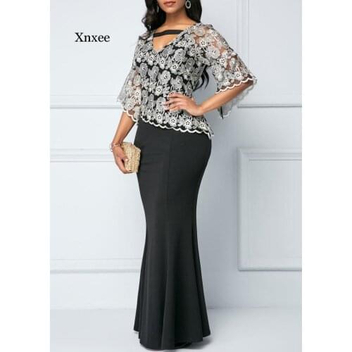 Spring Autumn African Maxi Dresses for Women Black Fashion Robe Long Dress Lace Bazin Vestido Dashiki Party African Clothes