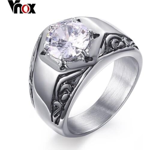 Vnox Fleur-de-lis Pattern AAA Stone Ring for Women Men Stainless Steel Casting Male Punk Rocky Hip hop Jewelry