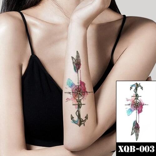 Watercolor Compass Feather Waterproof Temporary Tattoo Sticker Black Anchor Fake Tattoos Flash Tatoos Arm Body Art for Women Men