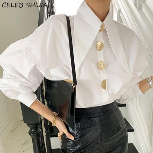 Lantern Sleeve White Shirt Woman Runway Design Golden Button Korean Elegant Tops Business Chic Long Sleeve Shirts Woman Autumn