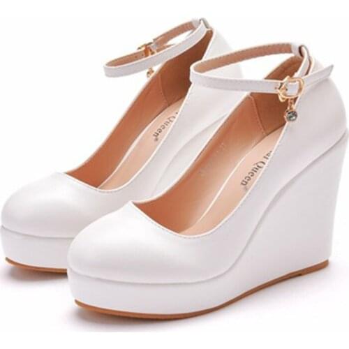 Large size round toe platform high-heeled shoes sloping single shoes with wedge heels white black wedge heels for women