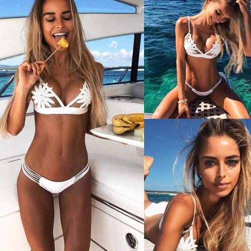 Sexy Floral Pattern Solid bikini Set 2019 push up Padded Summer Women Bandeau Bandage Low Waist Swimwear Beachwear Swimsuit F608