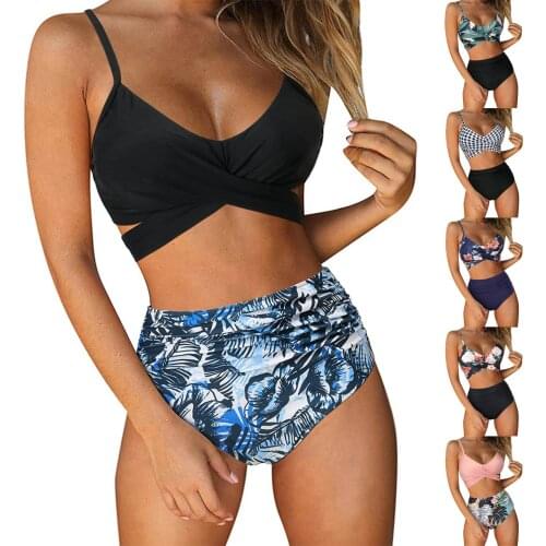 Women Swimsuit Sexy Swimwear Bandage Tankini Criss Cross High Waisted String Floral Printed Two Piece Suit Womens Bathing Suits