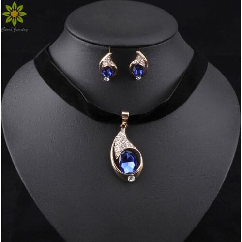 Women Jewelry Set Gold Color Fashion Necklace Earring Aapphire Crystal African Costume Nigerian Woman Wedding Accessories