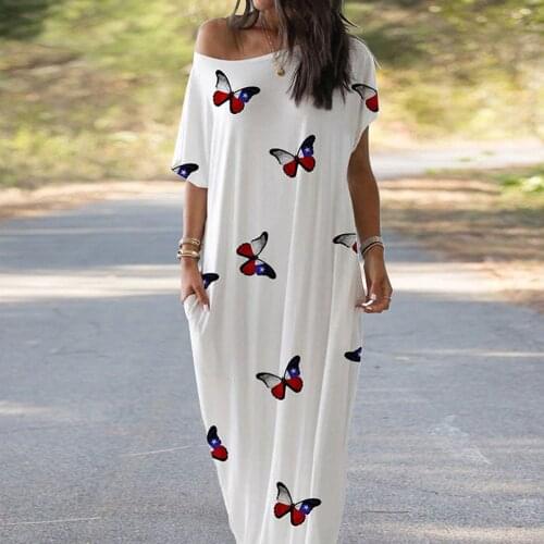 Irrgular Butterfly Printed Long Dress Sexy Cold Shoulder Pocket Loose Party Dresses Ladies Oversized Maxi Boho Beach Vestidos