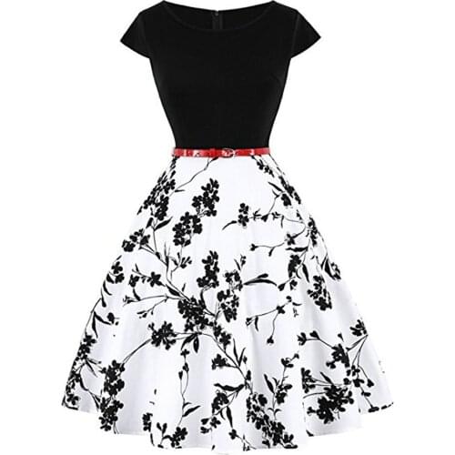 2019 Summer 1950s 60s Vintage Retro Women Dress Short Sleeve Polka Flowers Patchwork Party Vestido Elegant A Line Black Dresses