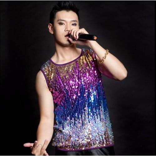 S-5xl Sequins Patchwork Vest Fashion Bar Stage Clothing Nightclubs Men And Women Singers Ds Colorful Gradient Paillette Vest