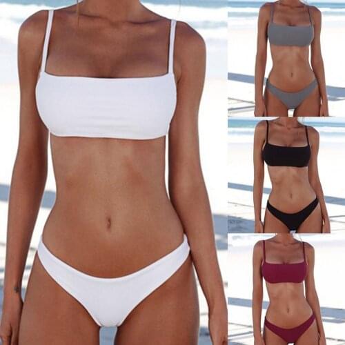 2021 New Sexy Bikini Set Bandeau Solid Color Two Pieces Set Women Push Up Bra Briefs Swimwear Bathing Suit for Water Activity