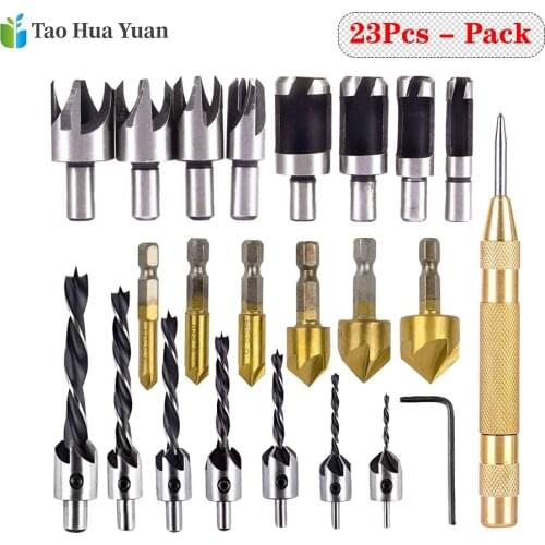 23-Pack Woodworking Chamfer Drilling Tool Countersink Drill Bits Wood Plug cutter/Automatic Power Tools Accessories Hand Tool AA