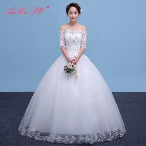 AXJFU princess lace white wedding dress party vintage boat neck half sleeve beading crystal ball gown glaring wedding dress