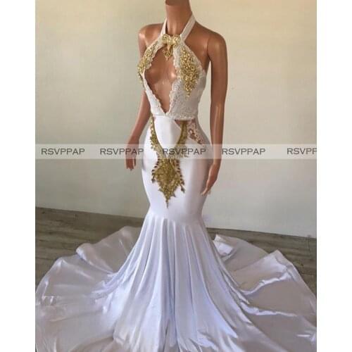 White Mermaid Long Prom Dresses 2021 Sexy Cut-Out Front Halter Gold Appliques African Girl Backles Prom Gowns