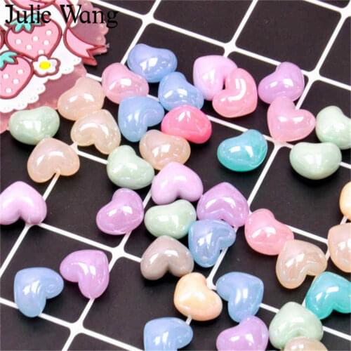 Julie Wang 10pcs Mixed Colors Shiny Plastic Heart Beads Charms Neckalce Pendant Bracelet Earrings Jewelry Making Accessories