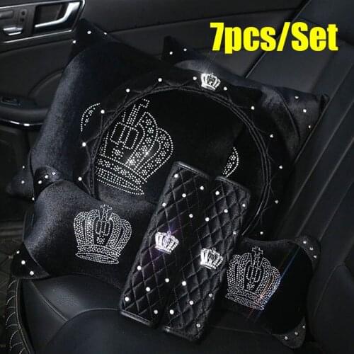 7pcs/set Plush Diamond Crystal Crown Car Steering Wheel Cover Rhinestone Auto Car Steering-Covers Cases Car Interior Accessories